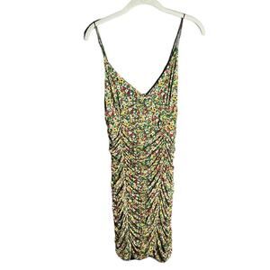 Urban Outfitters Blue and Yellow Floral Ruched Bodycon Strappy Dress Size Large